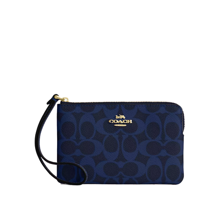 Coach Women's Corner Zip Wristlet In Signature Canvas Gold/Navy