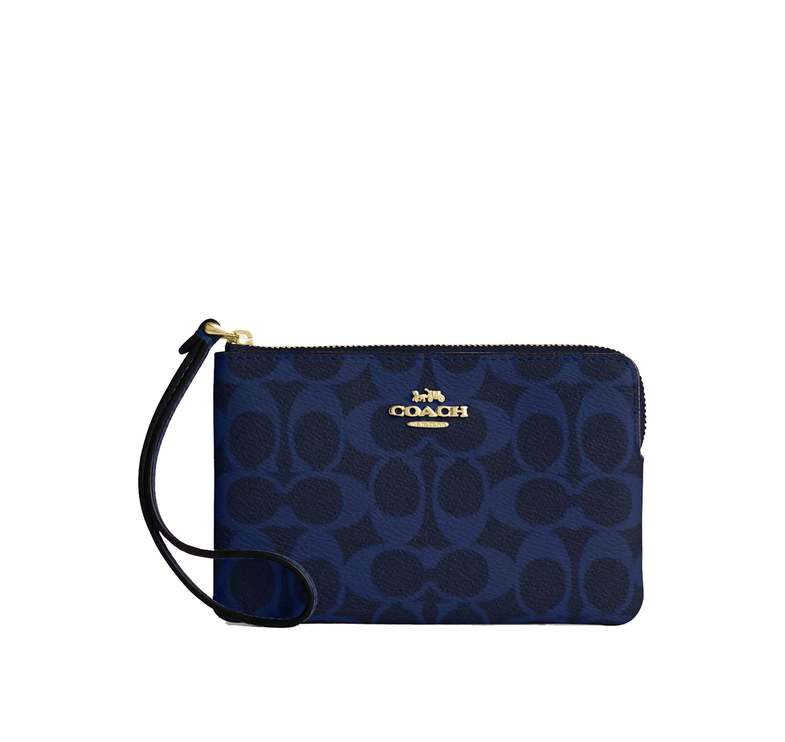 Coach Women's Corner Zip Wristlet In Signature Canvas Gold/Navy