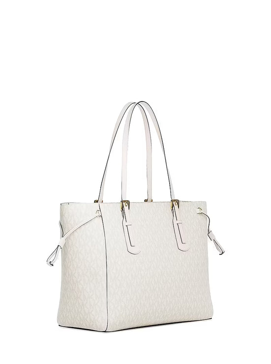 Michael Kors Women's Voyager Large Signature Logo Top-Zip Tote Bag Light Cream Multi