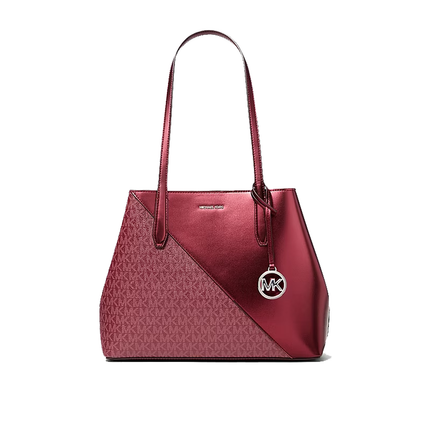 Michael Kors Women's Avalon Medium Metallic and Signature Logo Tote Bag Maroon