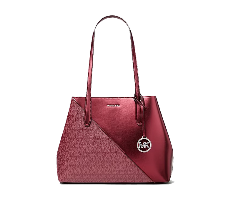 Michael Kors Women's Avalon Medium Metallic and Signature Logo Tote Bag Maroon