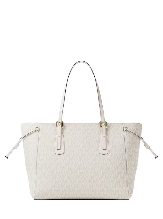 Michael Kors Women's Voyager Large Signature Logo Top-Zip Tote Bag Light Cream Multi