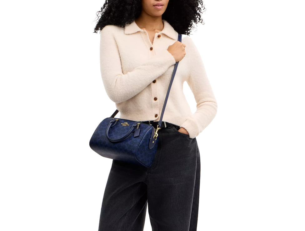 Coach Women's Rowan Satchel Bag In Signature Canvas Gold/Navy
