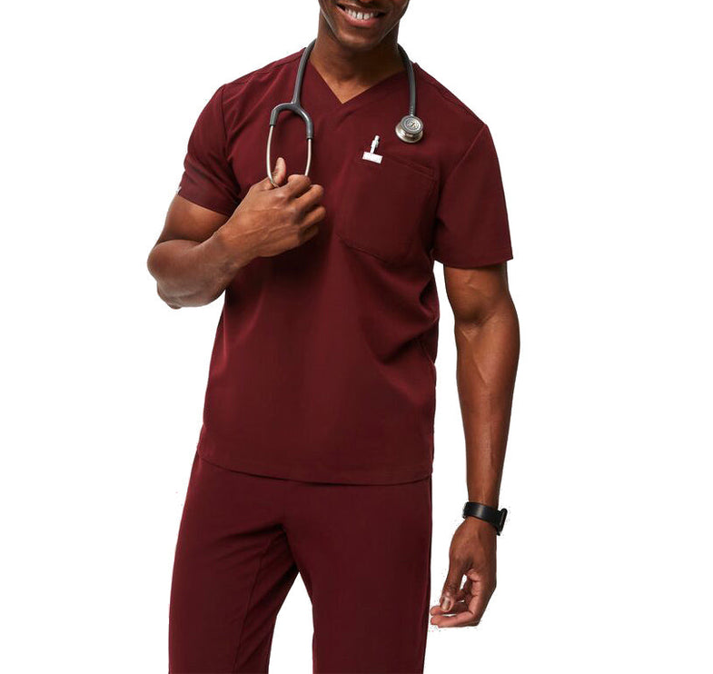 FIGS Men's Leon Three Pocket Scrub Top Burgundy