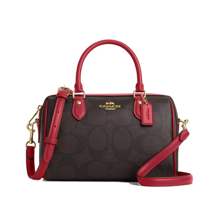 Coach Women's Rowan Satchel Bag In Maxi Signature Canvas Gold/Walnut/True Red