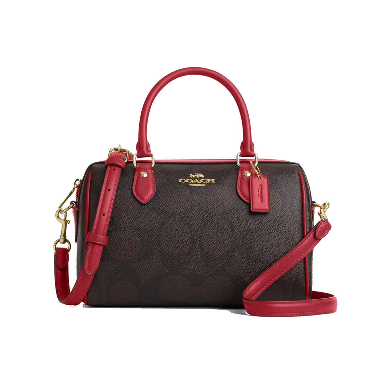 Coach Women's Rowan Satchel Bag In Maxi Signature Canvas Gold/Walnut/True Red
