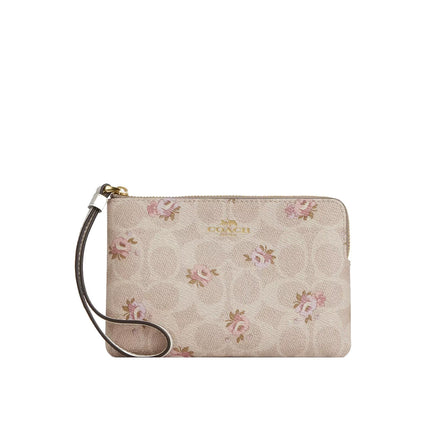 Coach Women's Corner Zip Wristlet In Signature Canvas With Floral Print Gold/Sand Multi