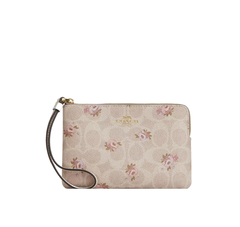 Coach Women's Corner Zip Wristlet In Signature Canvas With Floral Print Gold/Sand Multi