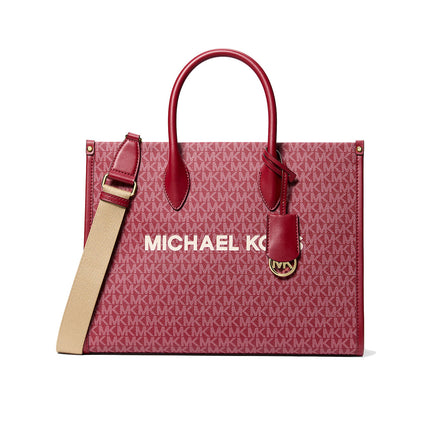 Michael Kors Women's Mirella Medium Metallic Signature Logo Tote Bag Cherry