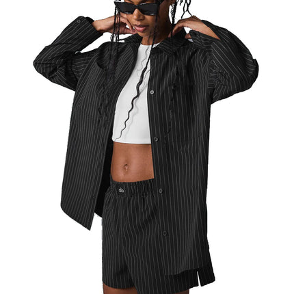 alo Women's Pinstripe Daylight Button Down Long Sleeve Black/Titanium