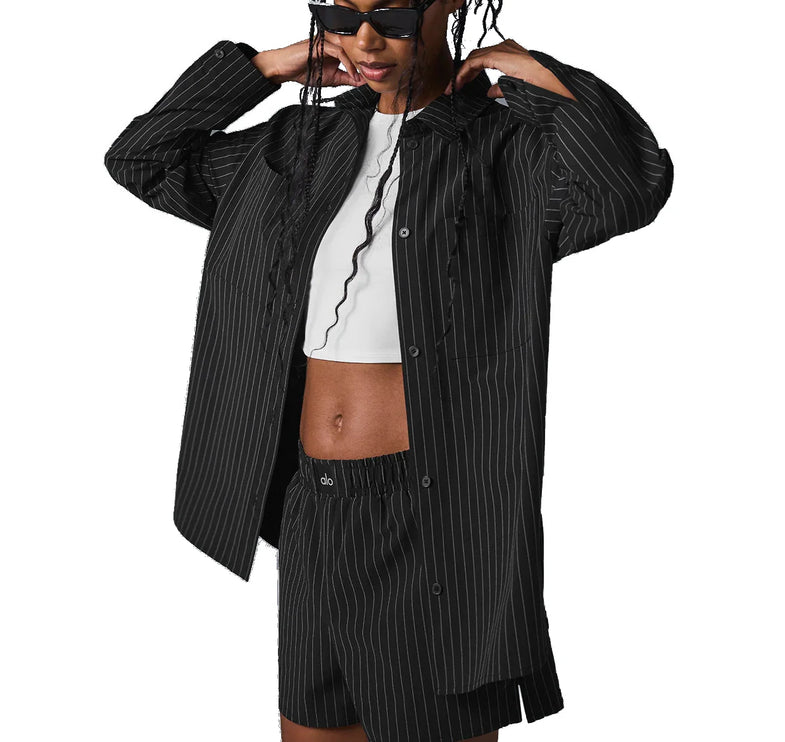alo Women's Pinstripe Daylight Button Down Long Sleeve Black/Titanium