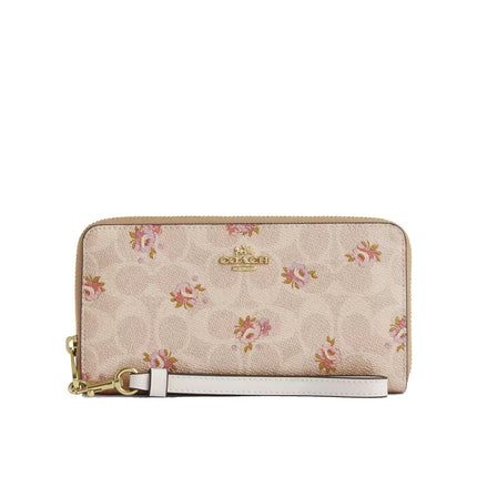 Coach Women's Long Zip Around Wallet In Signature Canvas With Floral Print Gold/Sand Multi