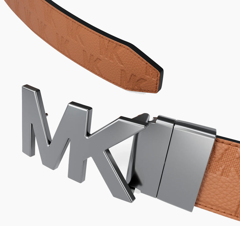Michael Kors Men's Reversible Logo Embossed Leather Buckle Belt Luggage/Black