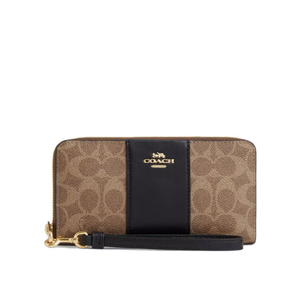 Coach Women's Long Zip Around Wallet In Signature Canvas With Stripe Gold/Tan/Black
