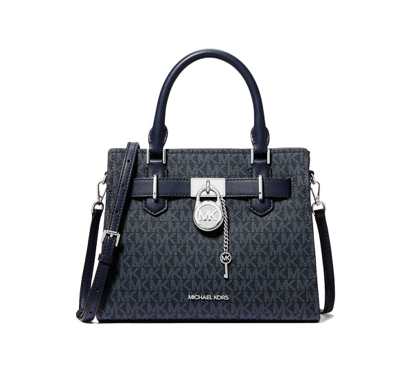 Michael Kors Women's Hamilton Small Signature Logo Satchel Navy/Silver