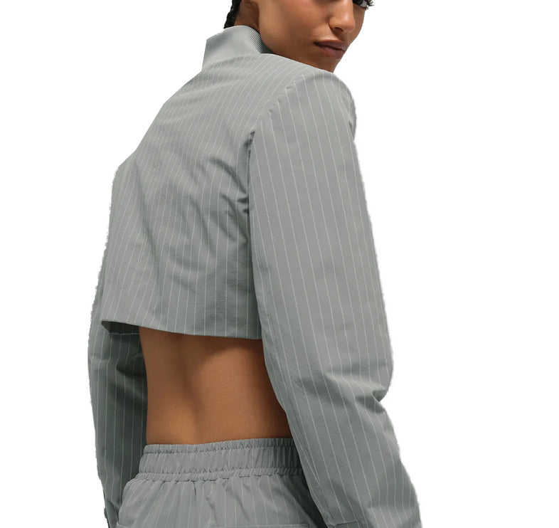 alo Women's Cropped Pinstripe Main Character Full Zip Jacket Lunar Grey/White