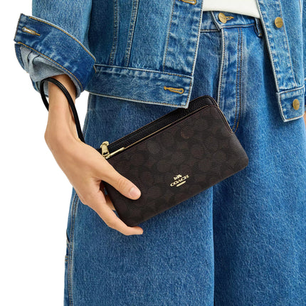 Coach Women's Double Zip Wallet In Signature Canvas Gold/Walnut/Black