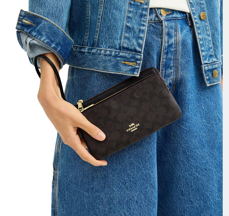 Coach Women's Double Zip Wallet In Signature Canvas Gold/Walnut/Black