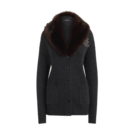 Polo Ralph Lauren Women's Faux-Fur-Trim Wool-Cashmere Cardigan Onyx Heather