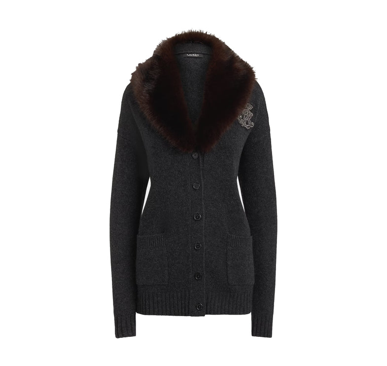 Polo Ralph Lauren Women's Faux-Fur-Trim Wool-Cashmere Cardigan Onyx Heather