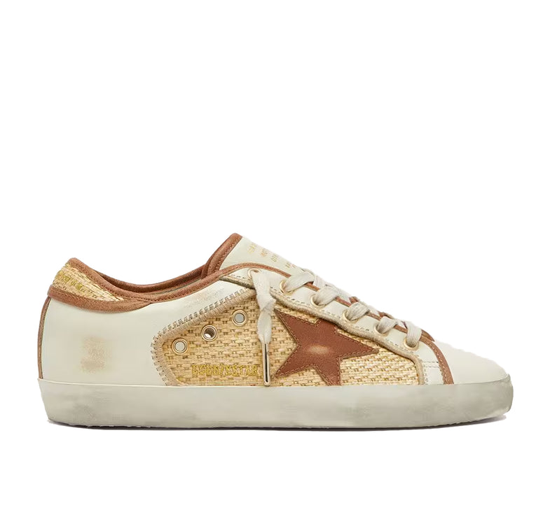 Golden Goose Women's Super-Star in White Leather and Raffia with Brick Red Star and Inserts
