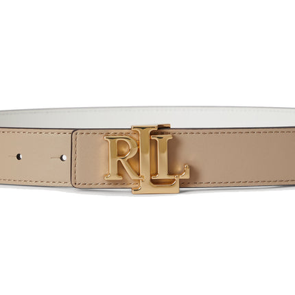Polo Ralph Lauren Women's Logo Reversible Pebbled Leather Belt Birch Tan/White