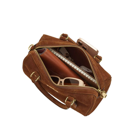 Coach Women's Rowan Satchel Bag Suede/Gold/Warm Brown