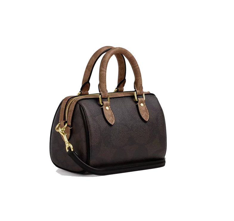 Coach Women's Mini Rowan Crossbody Bag In Blocked Signature Canvas Gold/Walnut/Tan