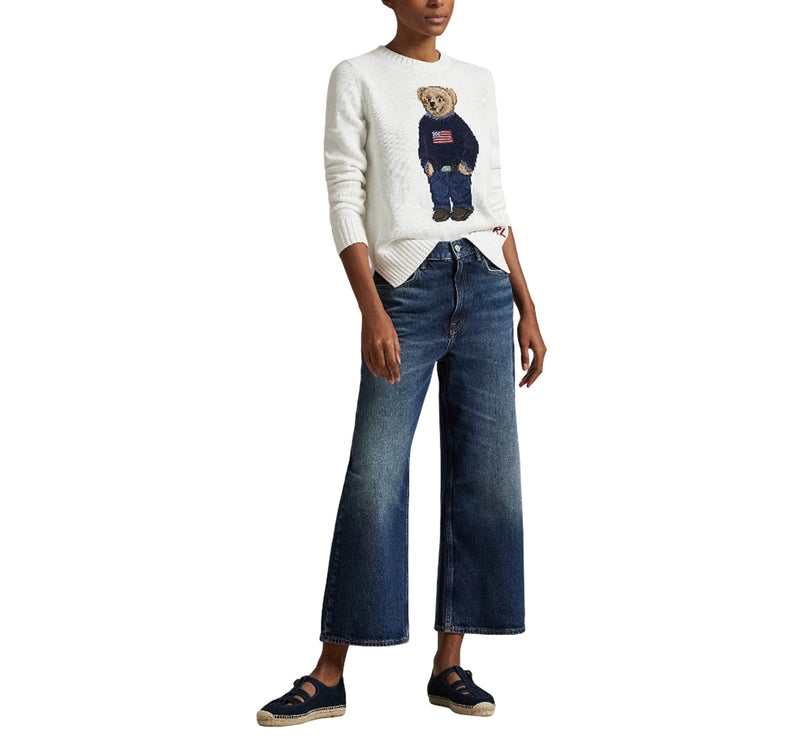 Polo Ralph Lauren Women's Polo Bear Linen-Cotton Crewneck Sweater Deckwash White Multi