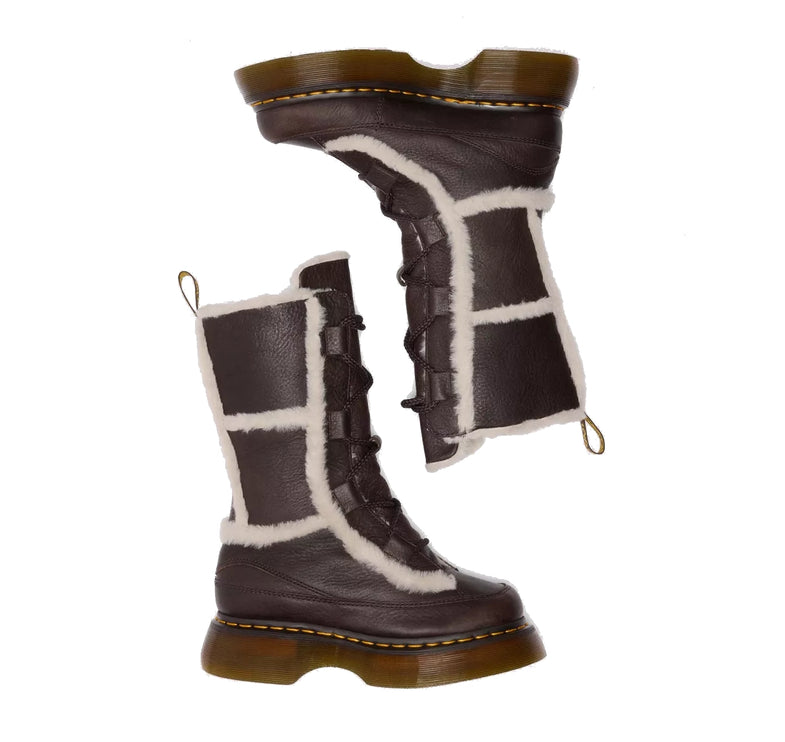 Dr. Martens Women's Buzz Lace Up Faux Fur Lined Grizzly Leather Boots Dark Brown