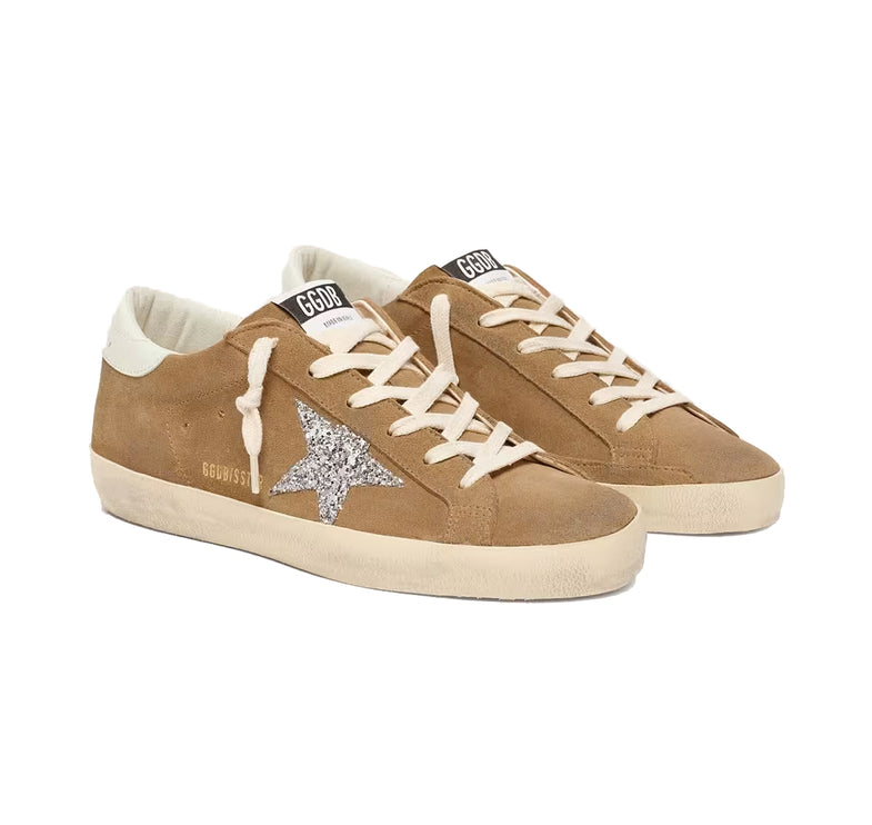 Golden Goose Women's Super-Star in Tobacco Suede with Silver Glitter Star