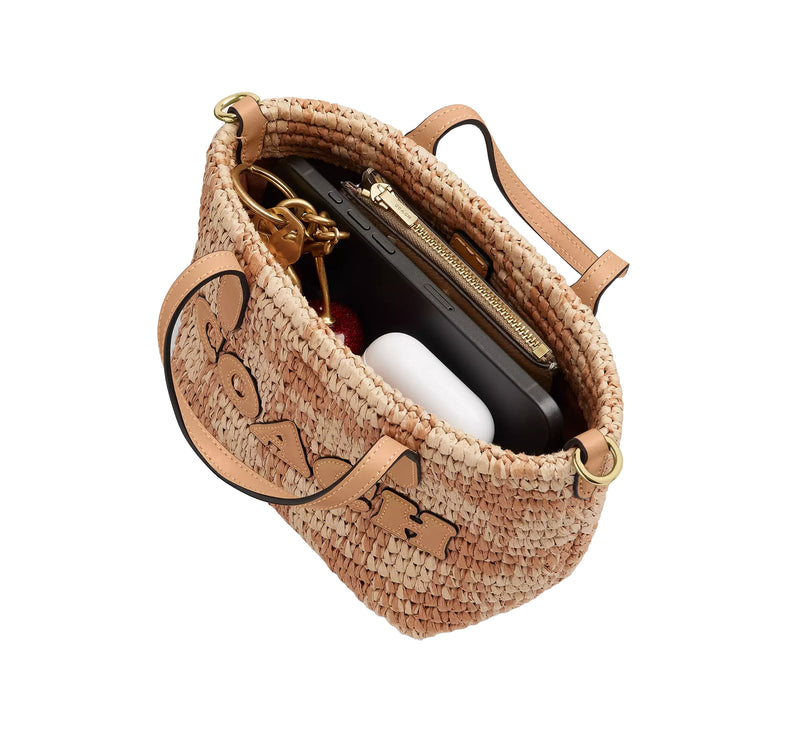 Coach Women's City Mini Tote Bag With Gingham Print Gold/Tan