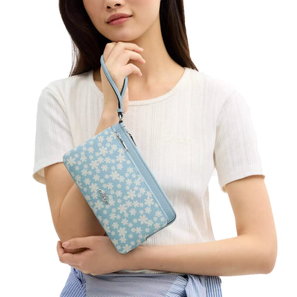 Coach Women's Double Zip Wristlet With Floral Print  Silver/Blue Multi