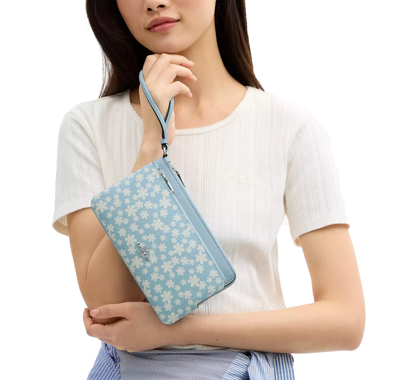 Coach Women's Double Zip Wristlet With Floral Print  Silver/Blue Multi