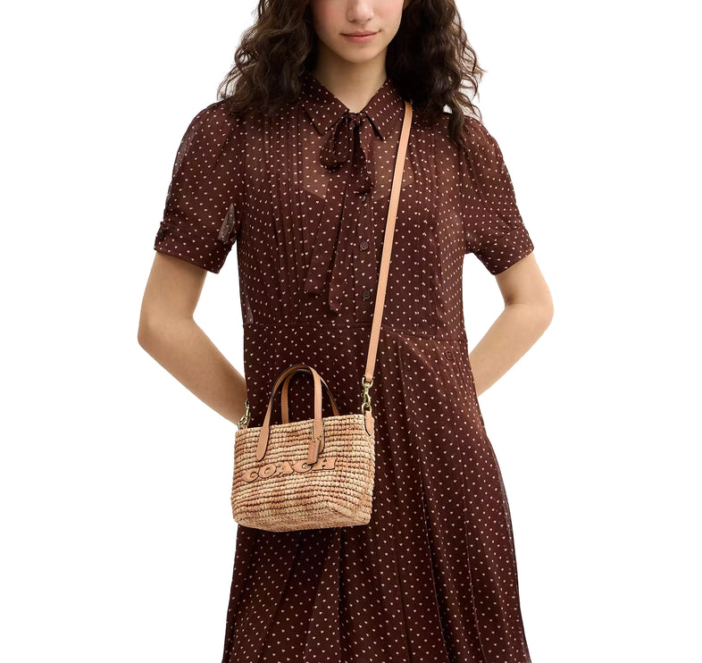 Coach Women's City Mini Tote Bag With Gingham Print Gold/Tan