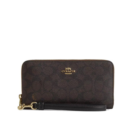 Coach Women's Long Zip Around Wallet In Signature Canvas Gold/Walnut/Black