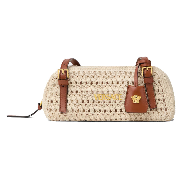 Versace Women's Versace Tag Raffia Bowling Bag Beige