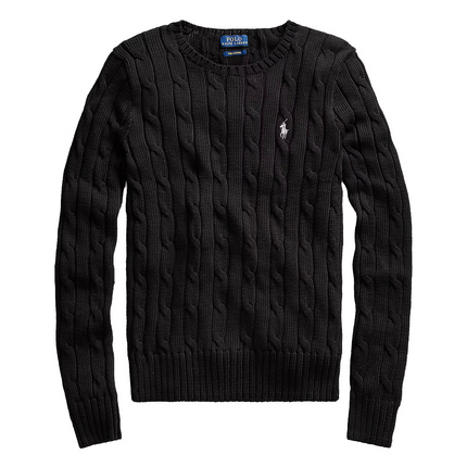 Polo Ralph Lauren Women's Cable-Knit Cotton Crewneck Sweater Polo Black White PP