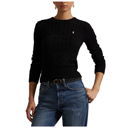 Polo Ralph Lauren Women's Cable-Knit Cotton Crewneck Sweater Polo Black White PP