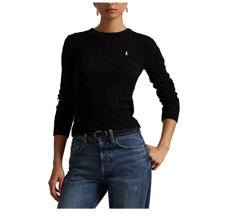 Polo Ralph Lauren Women's Cable-Knit Cotton Crewneck Sweater Polo Black White PP