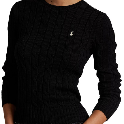 Polo Ralph Lauren Women's Cable-Knit Cotton Crewneck Sweater Polo Black White PP