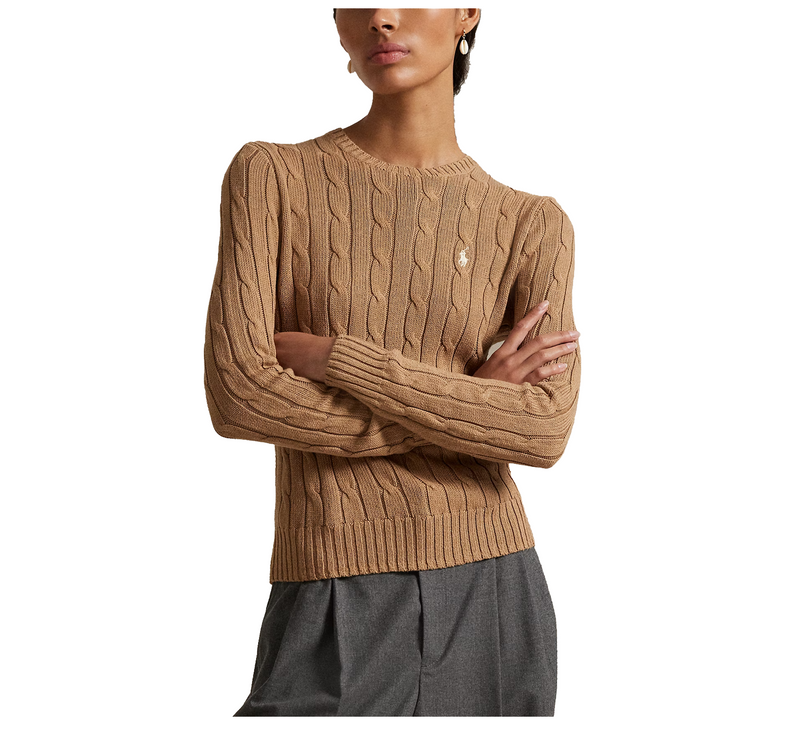 Polo Ralph Lauren Women's Cable-Knit Cotton Crewneck Sweater Camel Melange