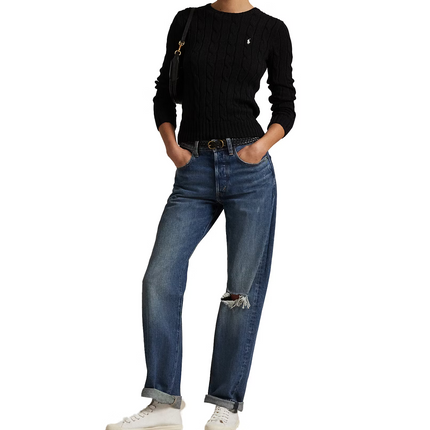 Polo Ralph Lauren Women's Cable-Knit Cotton Crewneck Sweater Polo Black White PP