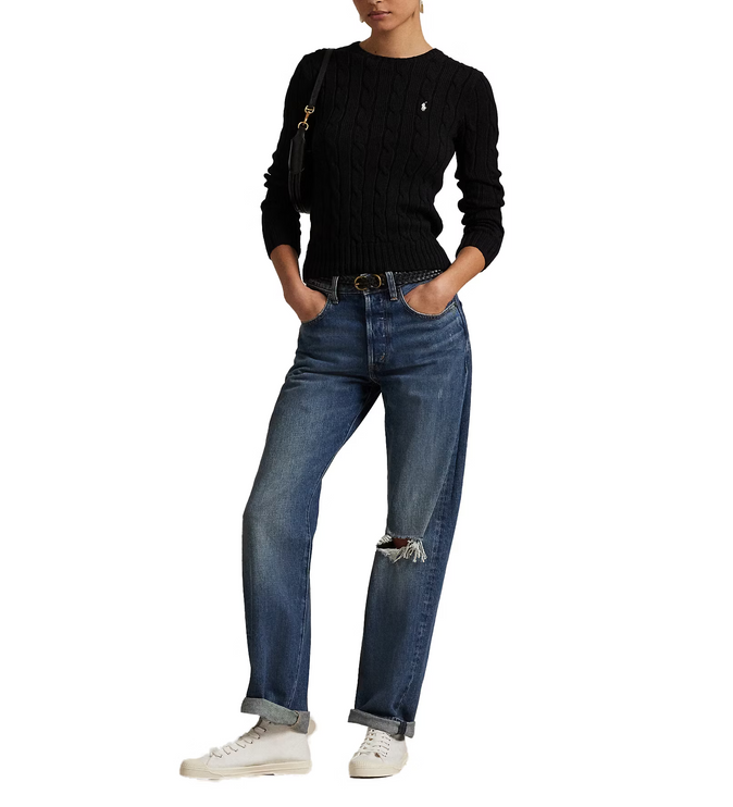 Polo Ralph Lauren Women's Cable-Knit Cotton Crewneck Sweater Polo Black White PP