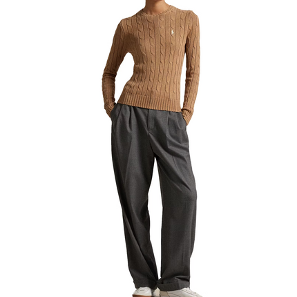 Polo Ralph Lauren Women's Cable-Knit Cotton Crewneck Sweater Camel Melange