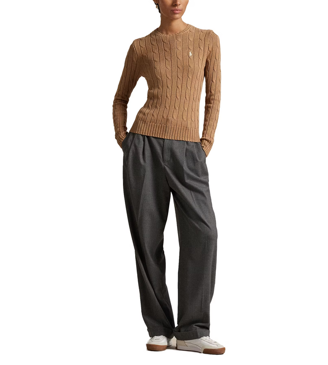 Polo Ralph Lauren Women's Cable-Knit Cotton Crewneck Sweater Camel Melange