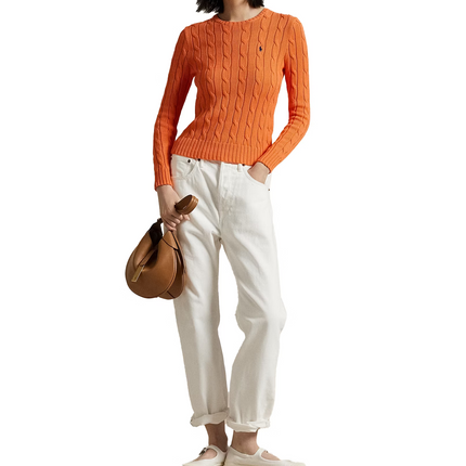 Polo Ralph Lauren Women's Cable-Knit Cotton Crewneck Sweater Sun Orange