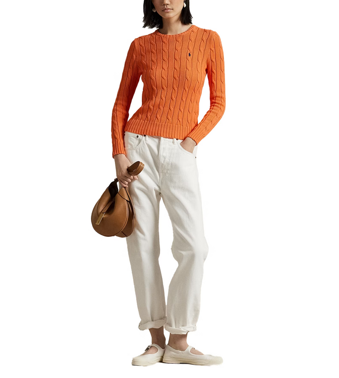 Polo Ralph Lauren Women's Cable-Knit Cotton Crewneck Sweater Sun Orange