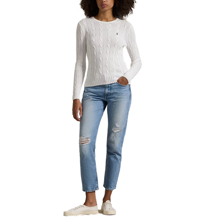 Polo Ralph Lauren Women's Cable-Knit Cotton Crewneck Sweater White