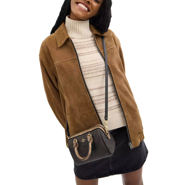 Coach Women's Mini Rowan Crossbody Bag In Blocked Signature Canvas Gold/Walnut/Tan